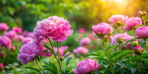 Delicate pink peonies in a lush green garden surrounded by vibrant flowers and foliage