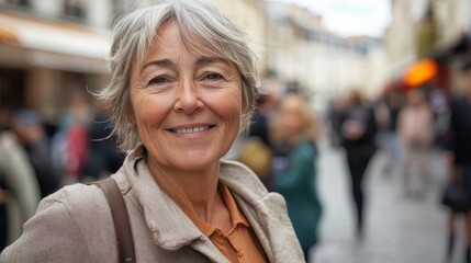 Fototapeta premium An elderly woman smiles warmly while standing in a bustling urban street filled with people and vibrant city life.