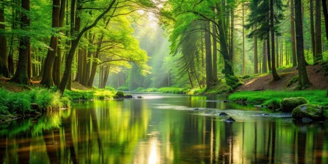 Fototapeta premium A serene forest scene with a river flowing through it, surrounded by tall trees and lush greenery , wilderness, nature, wilderness
