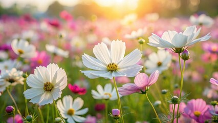 Fototapeta premium fields of cosmos flowers with delicate white petals and intricate details, flower field