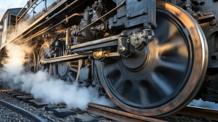 A dynamic shot of a vintage steam engine, with massive steel gears and pistons creating a mechanical masterpiece in motion.