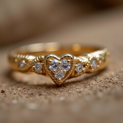 Fototapeta premium The image is a close-up of a gold ring with a heart-shaped diamond in the center. The ring is resting on a textured surface with small pebbles scattered around it.