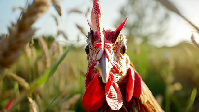 Close-up of proud rooster in sunlit field, vibrant plumage and features, framed by soft grass and wheat, highlighting farm life and naturebeauty.