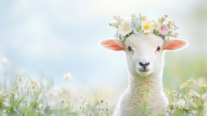 Fototapeta premium Floral-crowned lamb in lush meadow, gentle Easter celebration. Easter