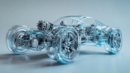 A futuristic car transmission system, with interlocking gears and transparent components, representing the evolution of automotive technology.