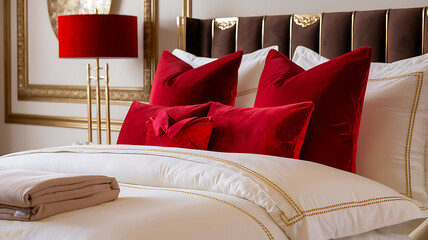 White Bed with Red Velvet Pillows and Gold Accents