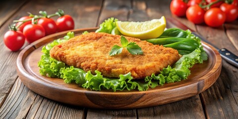 Crispy homemade chicken schnitzel cutlet served on a wooden plate with fresh lettuce salad and juicy tomato slices, plate meal, juicy tomato