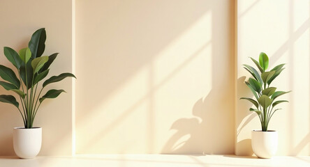 A 3D rendering of a room with a beige stucco wall and a potted plant serves as interior background in stock photo