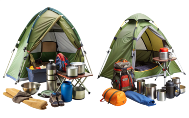 Camping gear setup with tents, cooking equipment, and outdoor essentials for a weekend adventure