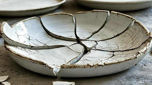 A broken white ceramic bowl lies on a gray surface, shattered into many pieces, showing texture and cracks. Other blurred bowls in the background.