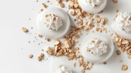 Creamy Milk Dessert with Oats on White Background