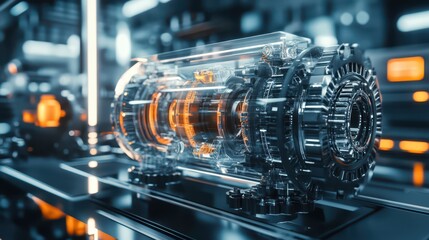 Fototapeta premium A futuristic motor system, with rotating transparent gears and pistons, displaying the cutting-edge engineering behind modern technology.