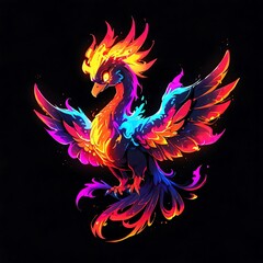 Obraz premium Rainbow Phoenix: A vibrant digital painting of a mythical phoenix bird with fiery plumage and colorful accents. The creature is rendered in a dynamic, energetic style, set against a dark background.