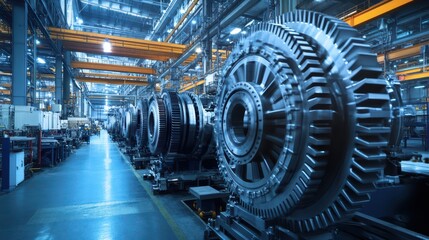 Fototapeta premium A dynamic industrial factory with large rotating cogs, gears, and wheels turning in perfect harmony to produce high-tech machinery.