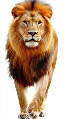Obraz premium A majestic lion walking towards the viewer, showcasing its powerful presence and beauty.