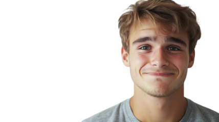 A young man with a nervous smile biting his lip, showcasing the complexity of human emotions, perfect for articles on anxiety, relationships, and personal struggles..