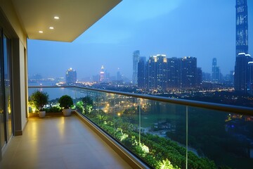 Fototapeta premium Luxurious Urban Apartment with Stunning Balcony View