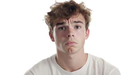 A Thoughtful Young Man Displaying Concern and Worry, Perfect for Illustrating Emotional Struggles and Decision-Making Scenarios in Various Contexts.
