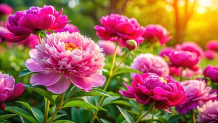 Fototapeta premium Vibrant Peonies in Full Bloom, garden, blossoming, garden, blossoming, lush greenery,peony, serenity, nature, asia