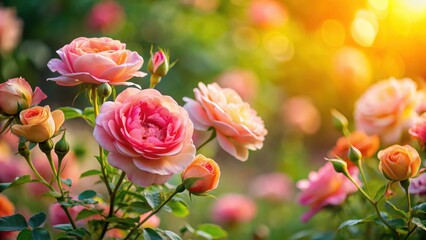 A blooming rose bush with delicate petals and vibrant colors, set against a soft focus background, flower, garden,  flower, garden