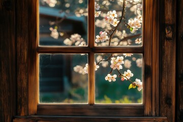 A window with a view of a tree with pink flowers © Carlos
