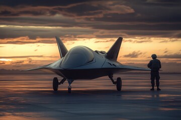 Futuristic aircraft on the runway at sunset with a soldier observing the scene