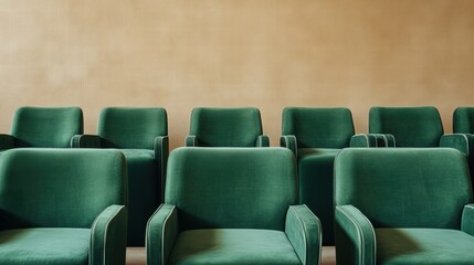 Fototapeta premium A row of green chairs are lined up in a row