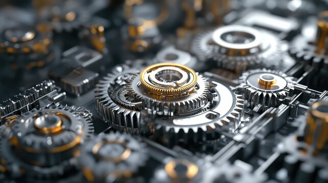 A futuristic robot assembling machinery, with gears and metal components moving together in a precise and powerful motion.