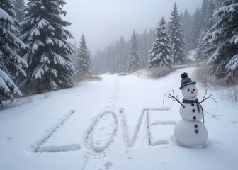 Obraz premium LOVE spelled out in the snow on a quiet mountain trail, with a snowman standing nearby and snow-covered trees framing the scene