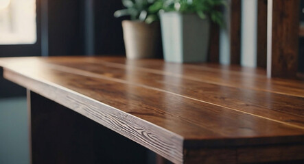 A close-up shot of a vintage wooden table or shelf in an empty interior design setting conveys a sense of nostalgia and simplicity