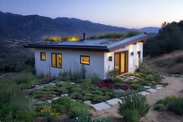 Fototapeta premium Modern Eco Home with Rooftop Garden at Dusk