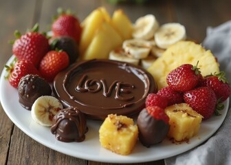 LOVE written in chocolate fondue on a plate of assorted fruits like strawberries, bananas, and pineapples, creating a sweet and indulgent dessert scene