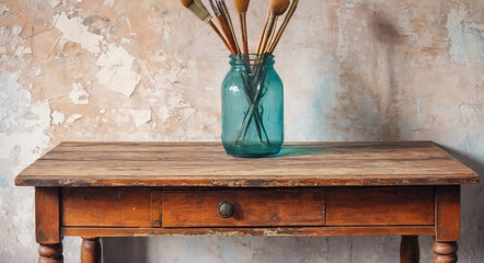 A close-up shot of a vintage wooden table or shelf in an empty interior design setting conveys a sense of nostalgia and simplicity