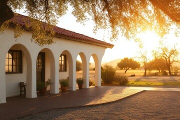 Obraz premium Mediterranean Villa with Arched Windows at Sunset