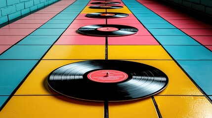 Vinyl Records on Colorful Tiles: A Retro Music Vibe