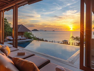 Fototapeta premium A luxurious villa with floor to ceiling windows offers a panoramic view of sparkling ocean, with golden rays of sunrise casting a warm glow over tranquil waters, creating a serene and idyllic setting