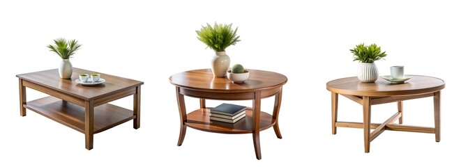 Collection of three wooden coffee tables with decorative plants and accessories in a modern setting
