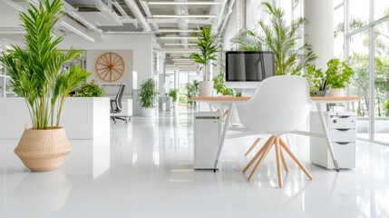 Serene Modern Office: Plants & Minimalist Design. Bright, airy workspace.