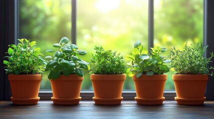 Fototapeta premium Five potted herbs on a windowsill, basking in natural light.