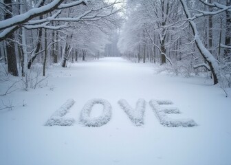 LOVE carved into the snow in a tranquil winter forest, with snow-covered trees framing the peaceful forest path