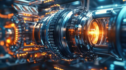 A futuristic engine with exposed gears, pistons, and wheels, generating a dynamic flow of energy in a high-tech industrial setting.