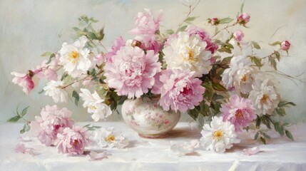 Obraz premium A delicate arrangement of pink peonies and white roses in a petite ceramic vase on a white tablecloth