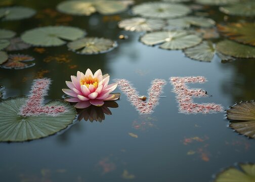 LOVE written in rose petals on a tranquil pond, surrounded by blooming water lilies and lush greenery