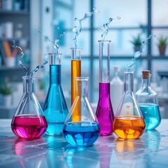 A detailed laboratory setup featuring glass beakers and flasks filled with red, blue, and white solutions, showcasing essential tools for chemical experiments and research. 