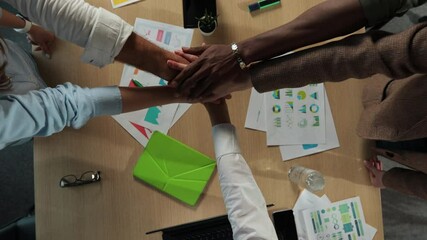 Close up corporate business team people group stack hands together in pile. Close up view building strong reliable team. Helping in teamwork express strength power of partnership professional