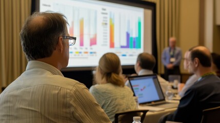 A man is sitting in front of a large screen with a group of people around him