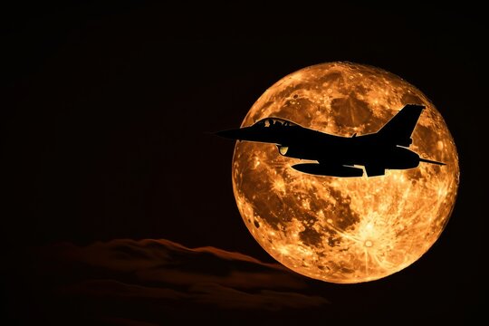 Fighter Jet Silhouette Against Full Moon Night Sky