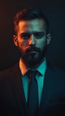 Fototapeta premium A man with a beard and a tie is wearing a suit