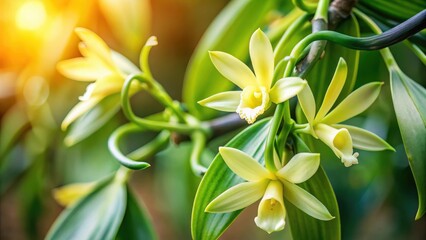 Obraz premium Vanilla Stick with Blooms, vanilla, plant growth, vanilla, plant growth, foliage