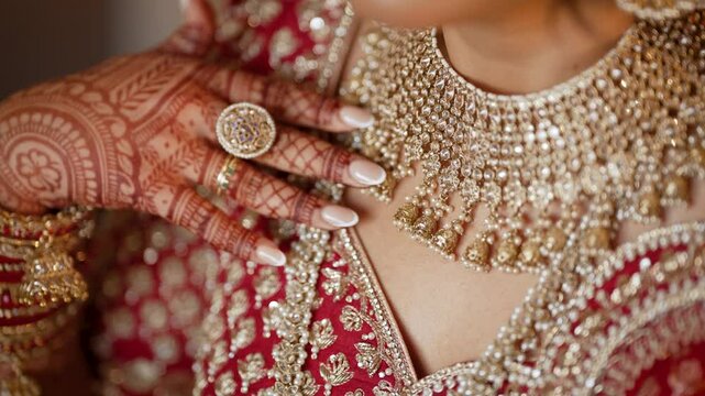Camera pan over beautiful Gold necklace pakistani bridal getting ready her wedding day, bride wearing